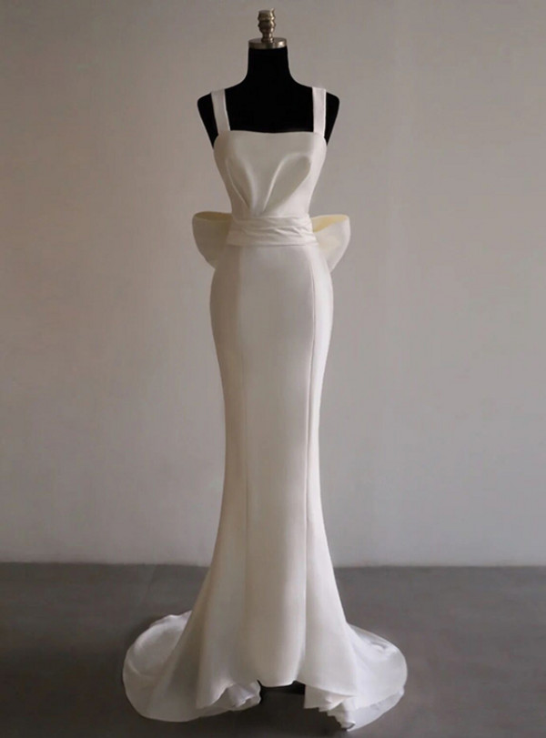 Sexy White Satin Straps Pleats Wedding Dress With Bow