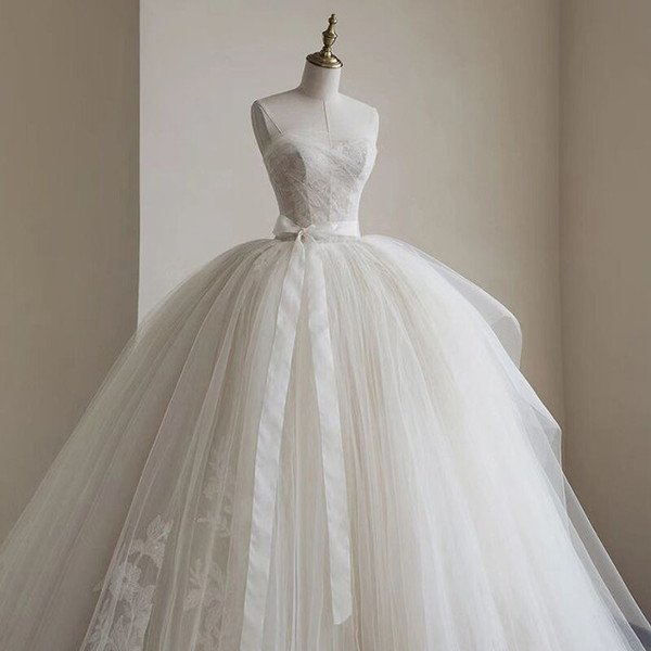 White Ball Gown Tulle Strapless Wedding Dress