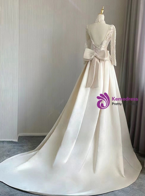 Ivory Satin Long Sleeve Lace Wedding Dress
