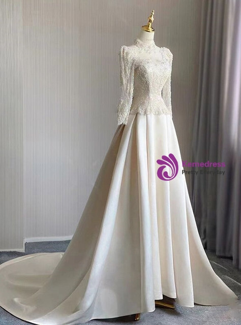 Ivory Satin Long Sleeve Lace Wedding Dress