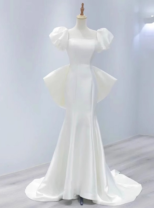 White Mermaid Satin Puff Sleeve Bow Wedding Dress 