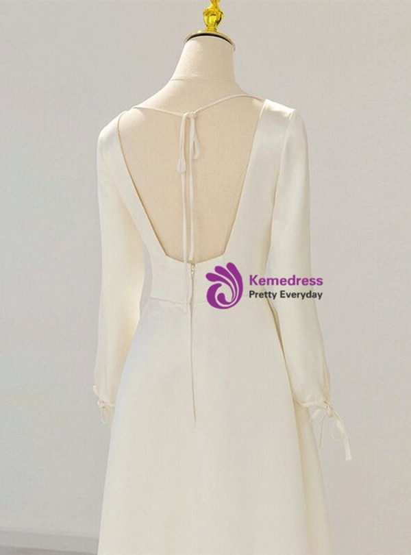A-Line White Satin V-neck Backless Wedding Dress