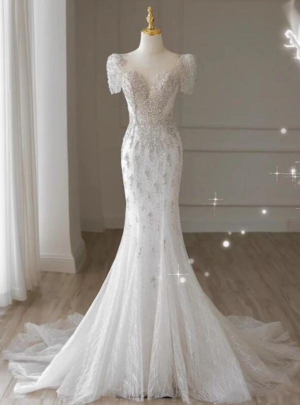 White Mermaid Tulle Beading Wedding Dress