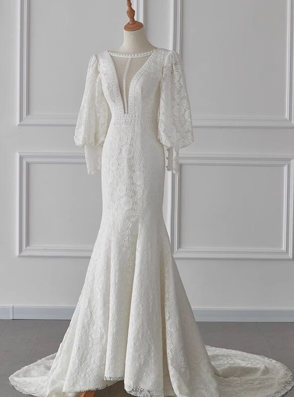 Sexy White Mermaid Lace Long Sleeve Wedding Dress