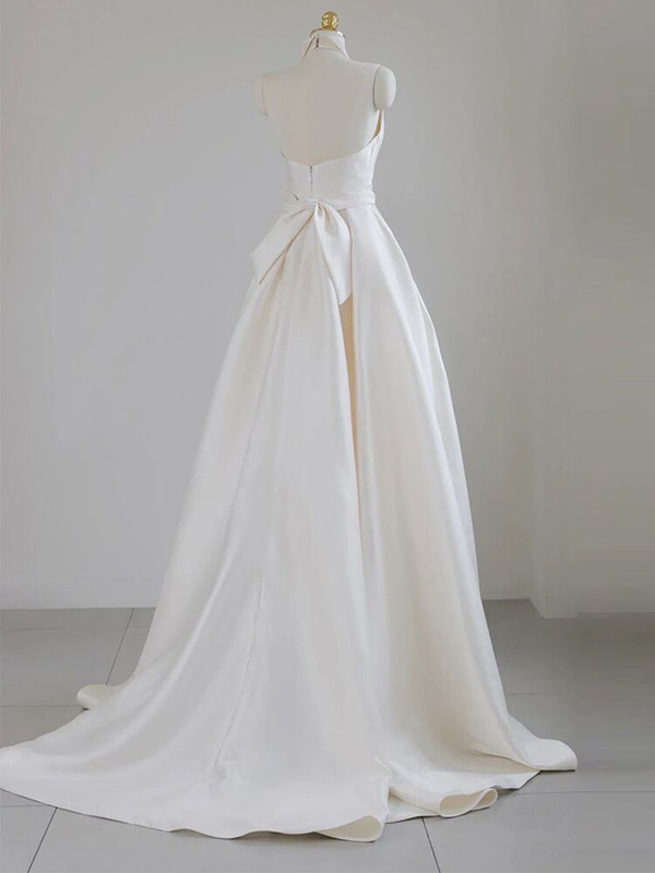 Ivory Satin V-neck Backless Wedding Dress