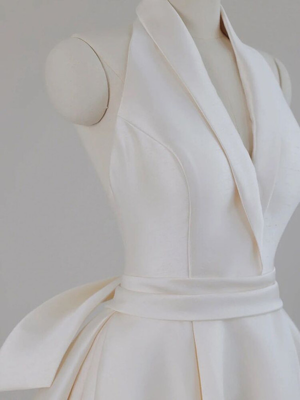 Ivory Satin V-neck Backless Wedding Dress