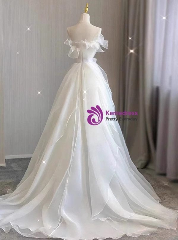 Ivory White Satin Tulle Strapless Pleats Wedding Dress