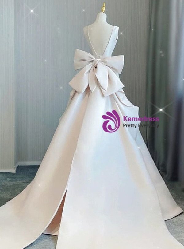 Ivory Satin V-neck Backless Wedding Dress With Bow