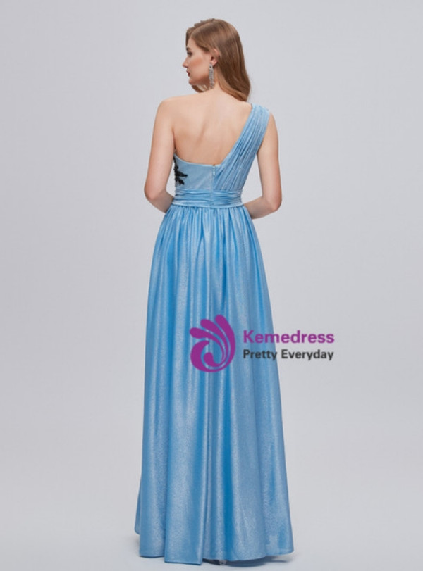 Blue One Shoulder Beading Pleats Split Prom Dress