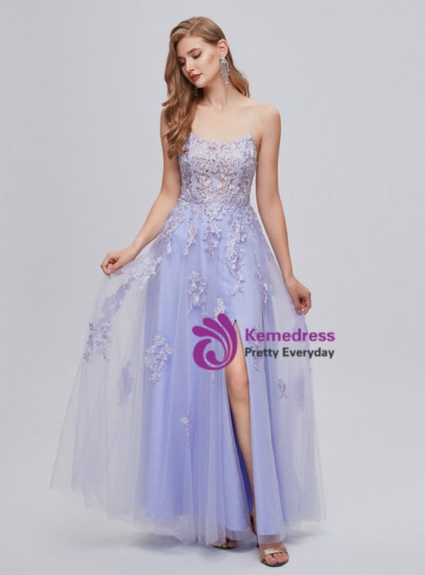 Lavender Spaghetti Straps Tulle Appliques Backless Prom Dress