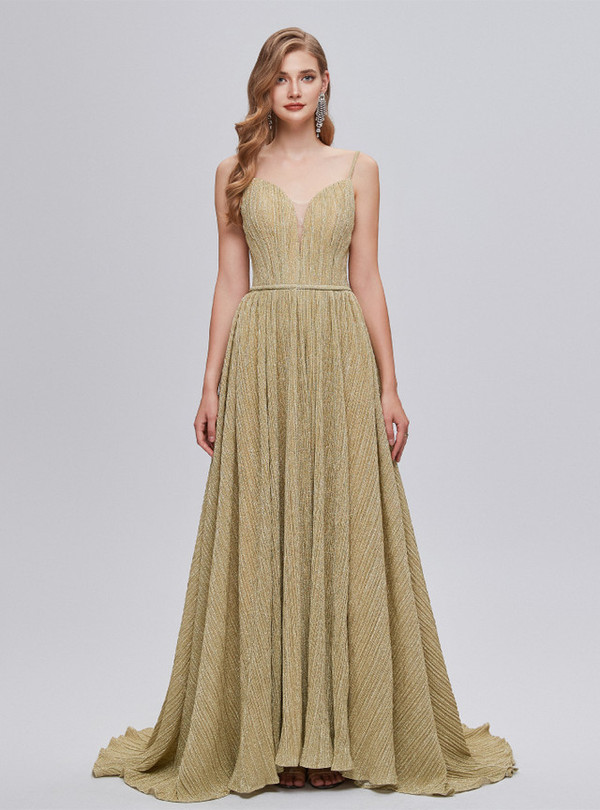 Gold Spaghetti Straps Backless Pleats Prom Dress