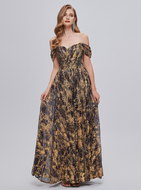 Tulle Off the Shoulder Pleats Split Prom Dress