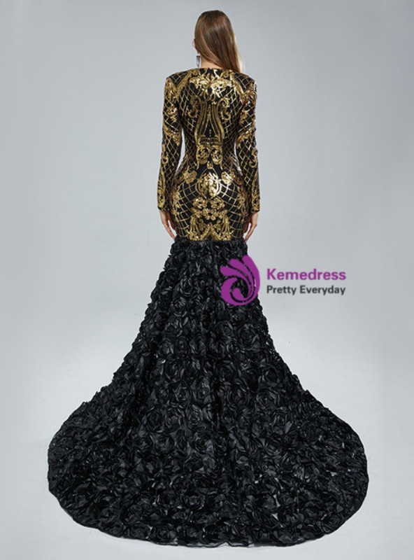 Black 3D Flower Gold Sequins V-neck Long Sleeve Prom Dress