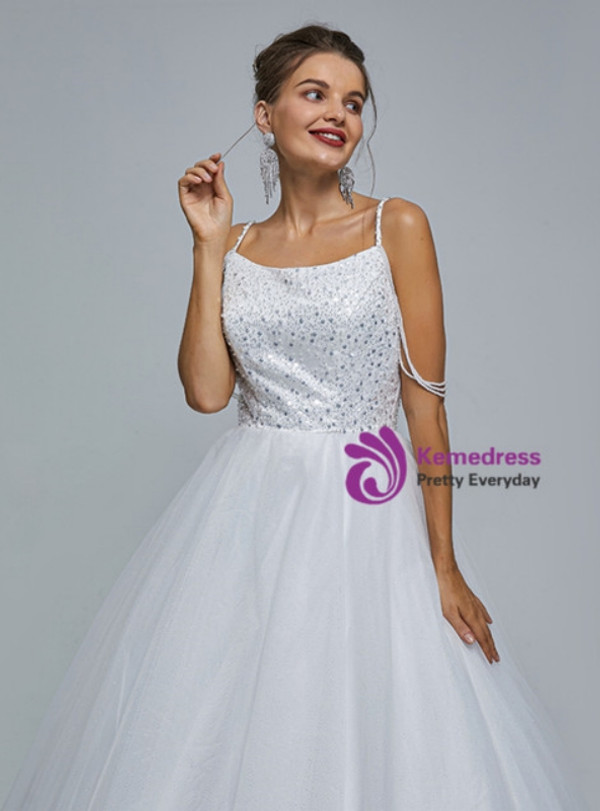 White Tulle Sequins Spaghetti Straps Prom Dress