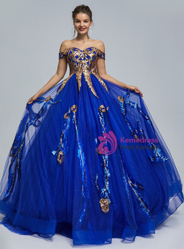Royal Blue Tulle Sequins Appliques Off the Shoulder Prom Dress