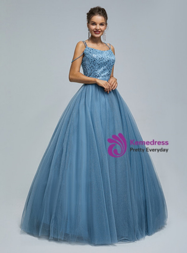 Blue Ball Gown Tulle Sequins Spaghetti Straps Prom Dress