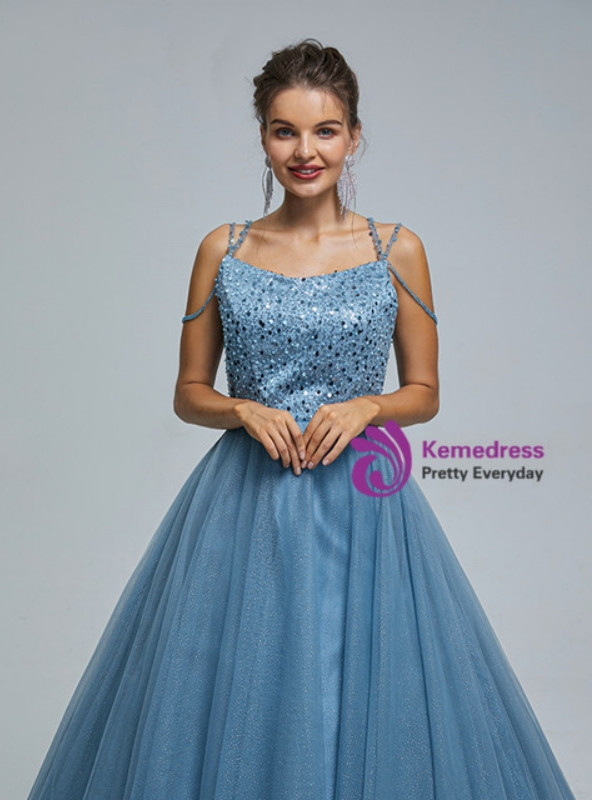 Blue Ball Gown Tulle Sequins Spaghetti Straps Prom Dress