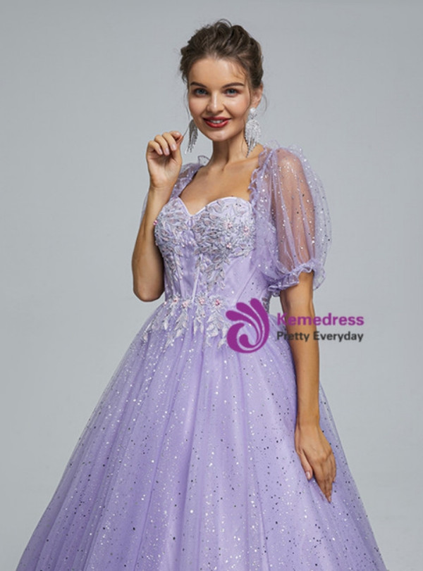 Purple Tulle Puff Sleeve Appliques Floor Length Prom Dress