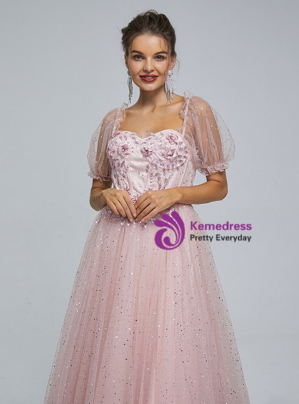Pink Tulle Sequins Puff Sleeve Prom Dress