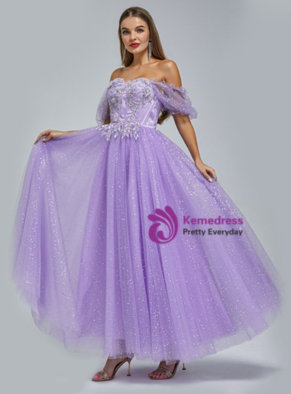 Lavender Tulle Off the Shoulder Appliques Prom Dress