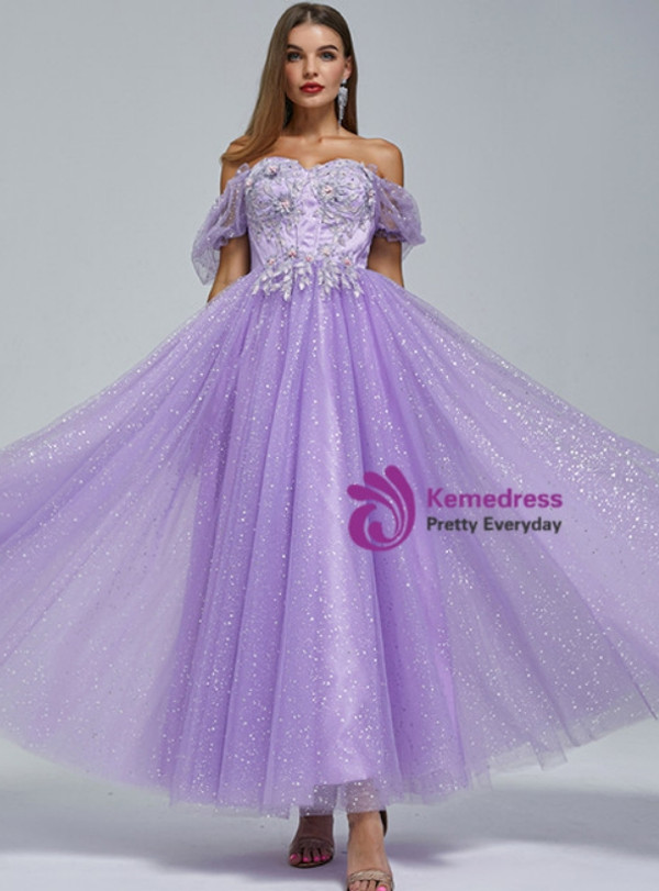 Lavender Tulle Off the Shoulder Appliques Prom Dress
