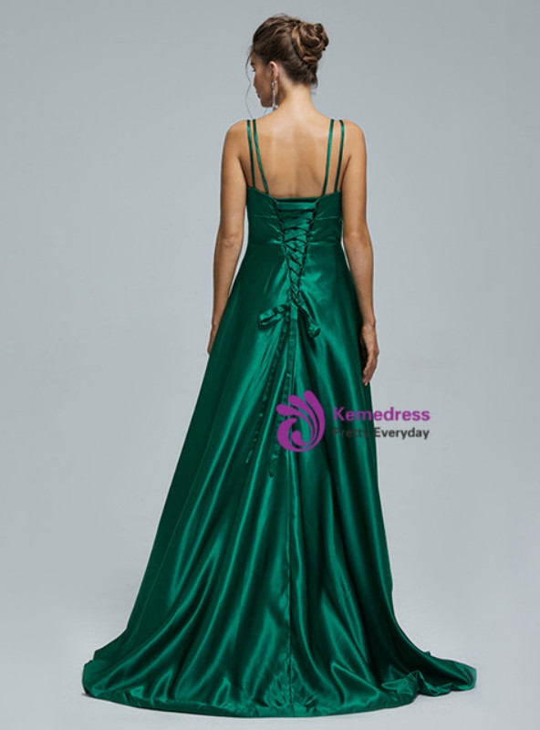 Green Satin Straps Prom Dress With Pocket