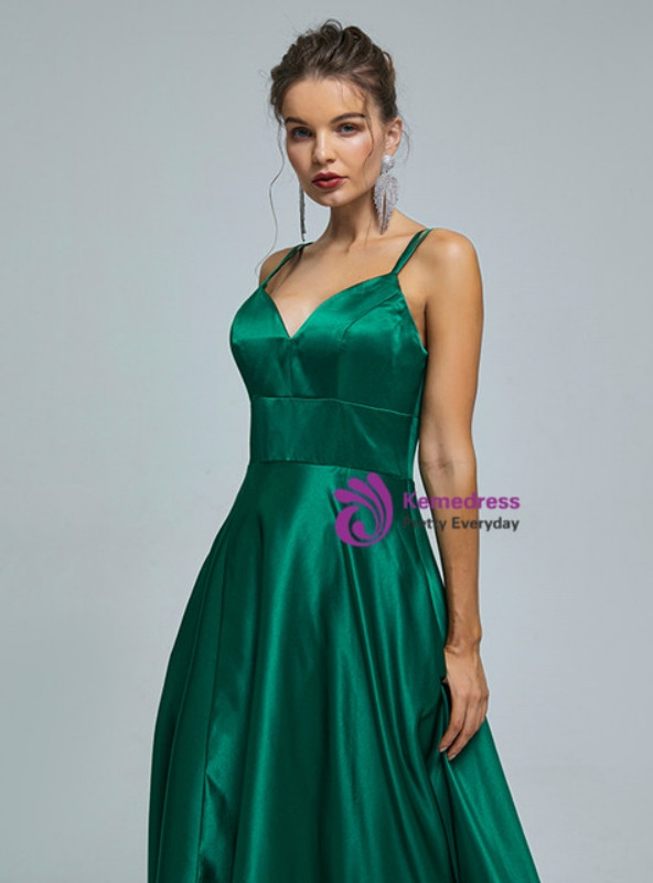 Green Satin Straps Prom Dress With Pocket