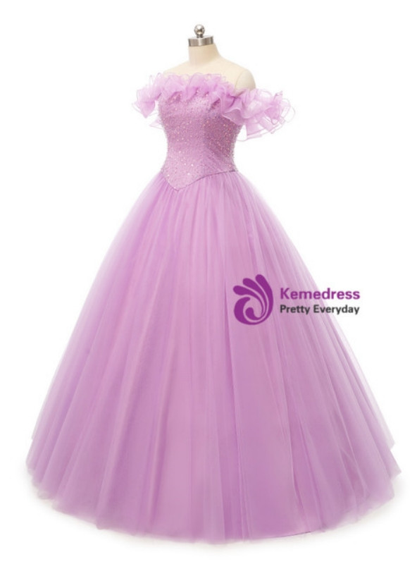 Lavender Ball Gown Off the Shoulder Tulle Sequins Prom Dress