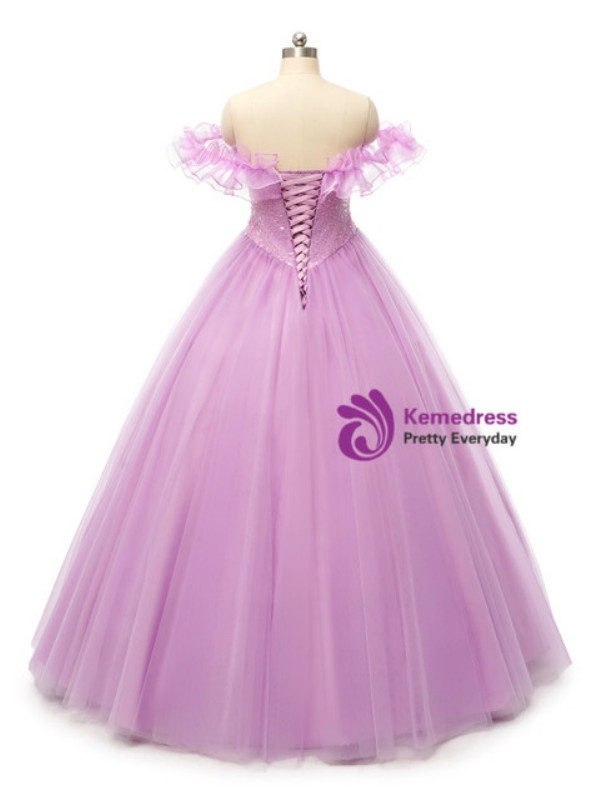 Lavender Ball Gown Off the Shoulder Tulle Sequins Prom Dress