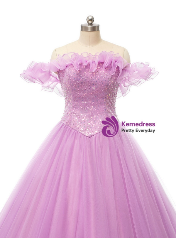 Lavender Ball Gown Off the Shoulder Tulle Sequins Prom Dress