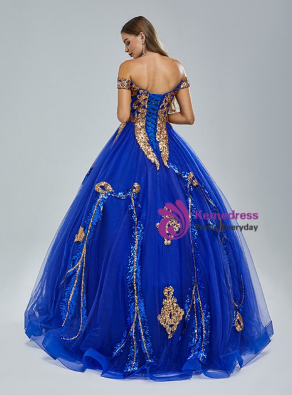Royal Blue Tulle Sequins Appliques Prom Dress