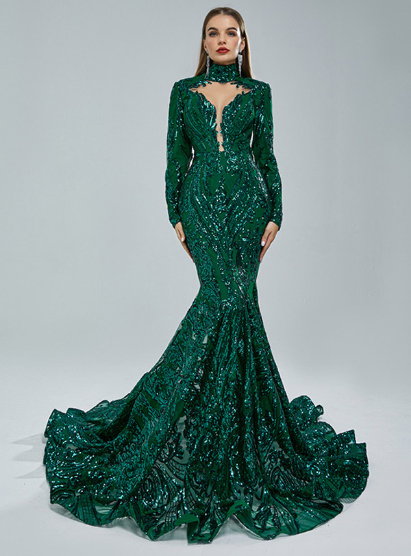 Green Mermaid High Neck Long Sleeve Prom Dress