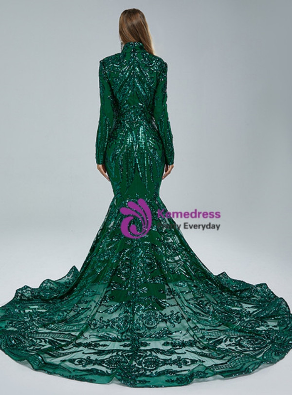 Green Mermaid High Neck Long Sleeve Prom Dress