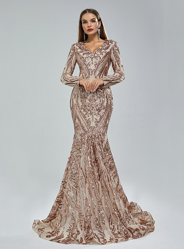 Champagne Mermaid V-neck Long Sleeve Sequins Prom Dress