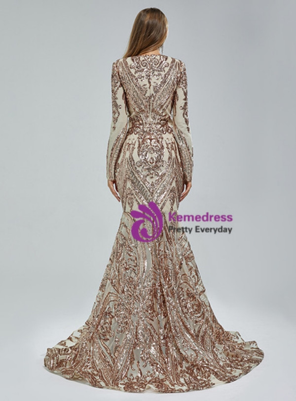 Champagne Mermaid V-neck Long Sleeve Sequins Prom Dress