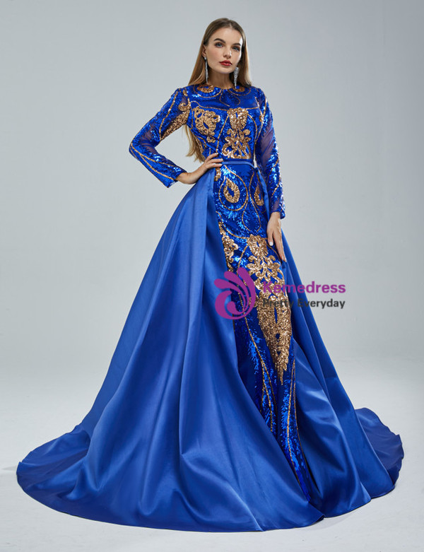 Royal Blue Mermaid Satin Sequins Prom Dress Detachable Train
