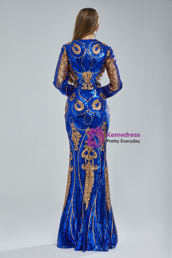 Royal Blue Mermaid Satin Sequins Prom Dress Detachable Train