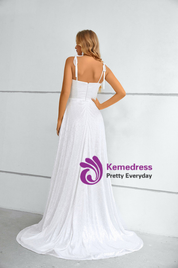 White Spagehtti Straps Split Prom Dress 