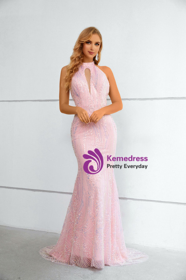 Pink Mermaid Sequins Halter Backless Prom Dress