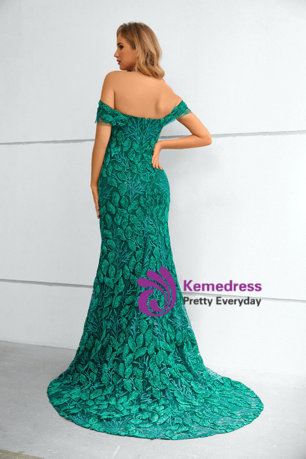 Dark Green Mermaid off the Shoulder Tree Leaf Lace Prom Dress