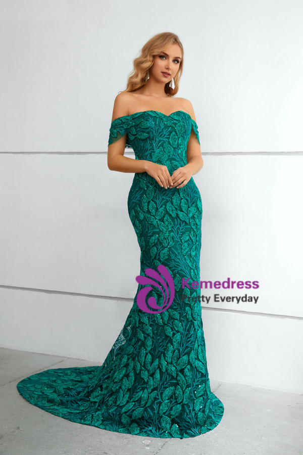 Dark Green Mermaid off the Shoulder Tree Leaf Lace Prom Dress