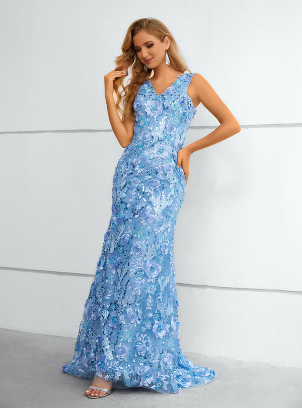 Sexy Blue Mermaid Sequins V-neck Prom Dress