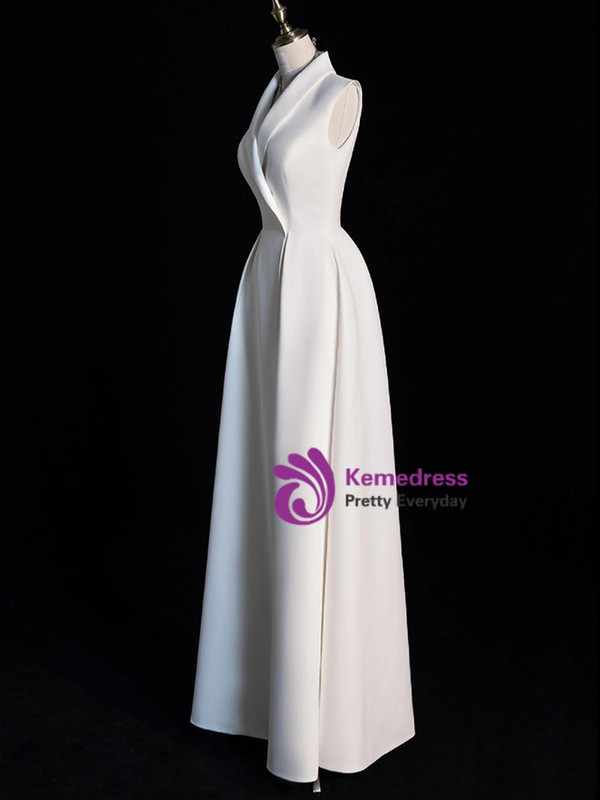 White Satin V-neck Sleeveless Prom Dress