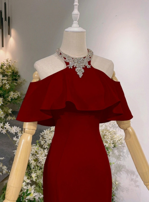 Burgundy Mermaid Halter Beading Crystal Prom Dress