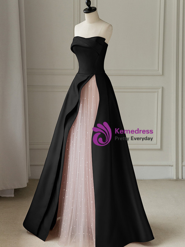 Black Satin Pink Tulle Strapless Prom Dress