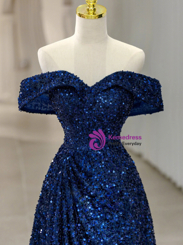 Royal Blue Sequins Off the Shoulder Pleats Prom Dress