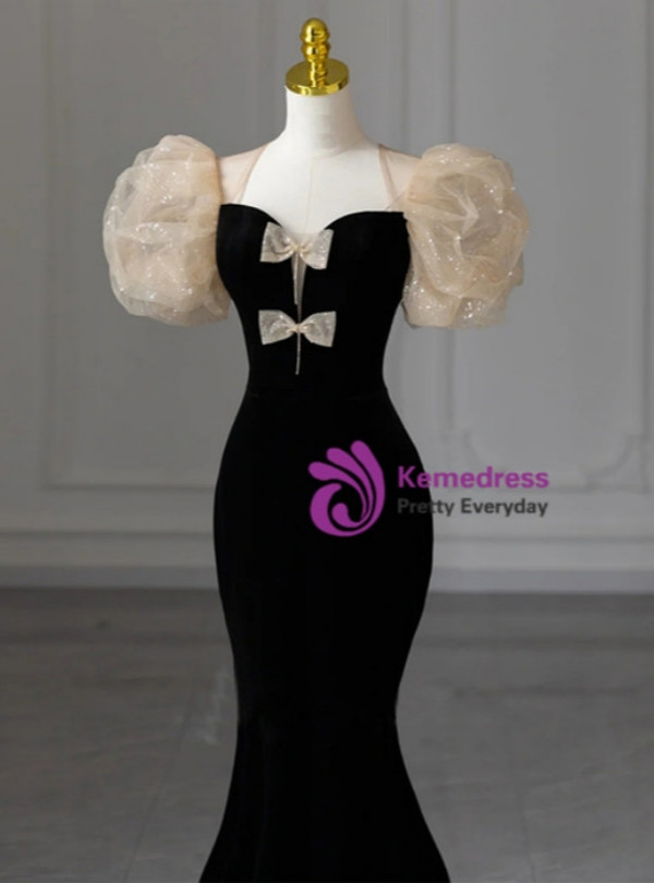 Black Mermaid Velvet Puffy Sleeve Bow Prom Dress