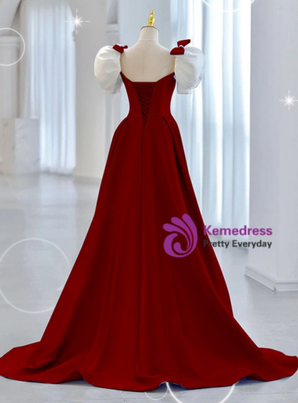 Burgundy Satin Puff Sleeve Bow Prom Dress