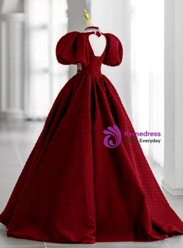 Burgundy Square Puff Sleeve Backless Prom Dress