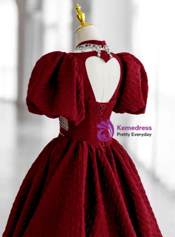 Burgundy Square Puff Sleeve Backless Prom Dress